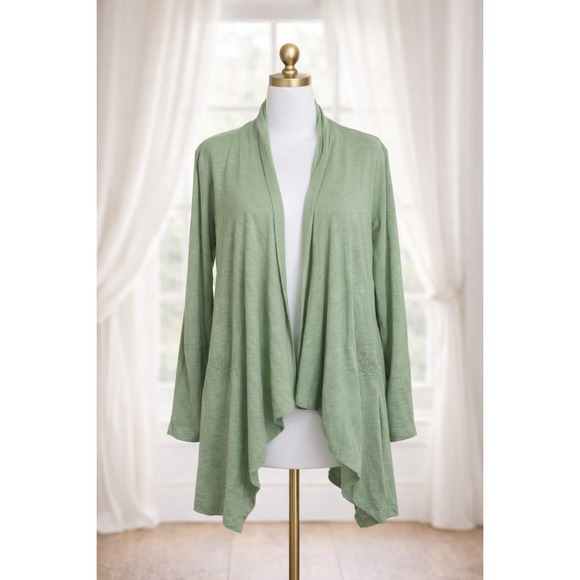 Logo Lori Goldstein Sweaters - LOGO BY LORI GOLDSTEIN Green Open Light Cardigan Cotton Knit Embroidery‎ Size L
